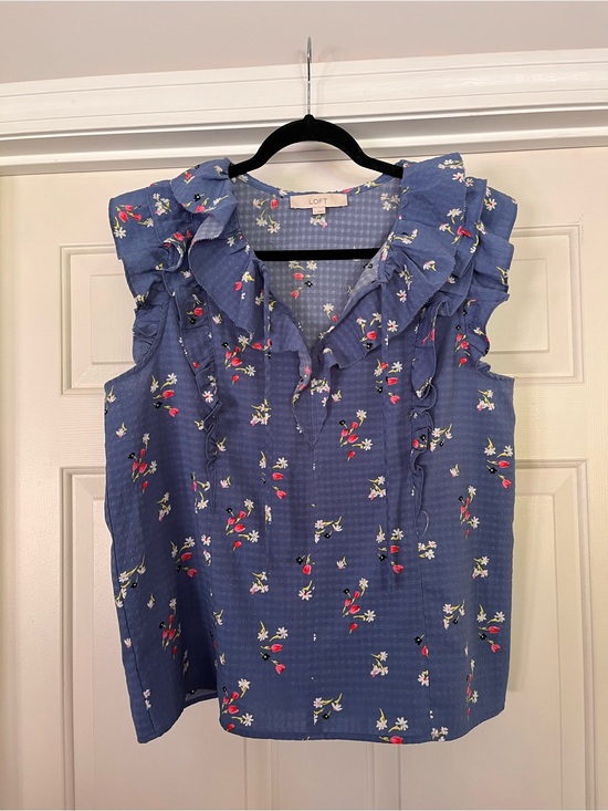 LOFT Tops - LOFT Blue Floral Ruffle Sleeveless Top